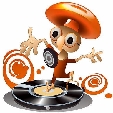 Clipart, A funky illustration of a mushroom DJ with headphones and turntables, spinning groovy beats, white background.
