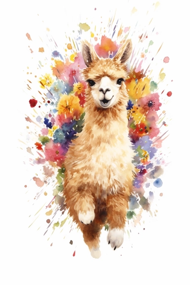 A highly detailed watercolor drawing of an adorable baby alpaca frolicking on a rolling wildflower hill on a pure white background. The alpaca is captured in a playful and joyful moment, with its fluffy coat bouncing as it jumps and runs through the vibrant wildflowers. The drawing showcases the alpaca's interaction with the colorful wildflowers, with petals and blooms swirling around in its wake. The white background enhances the focus on the alpaca and the lively scene, creating a delightful c