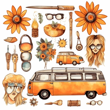 set Hippie png designs, Hippie soul png graphics, Groovy png cliparts, Summer time png, Good vibes only png, watercolor clipart