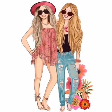 boho Best Friends Clipart, Girlfriends, full body, fashion, pretty face