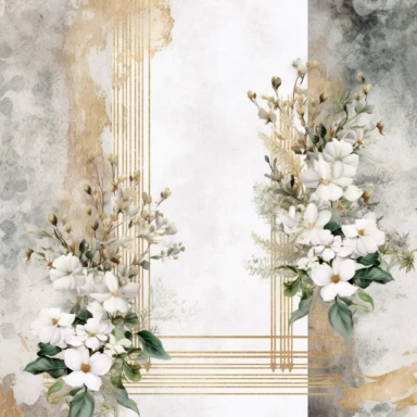 scrapbook paper template, intricate three small bouquets of white floral watercolor clipart on the borders on paper, luxurious textures, nature-inspired pieces, very high resolution