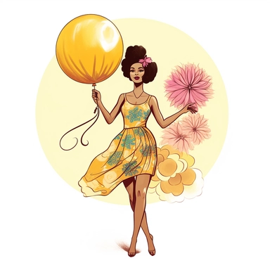 full body, modest, hispanic/latina woman, goddess like, with rich complexion and distinctive facial features, where elegance, radiant, positive energy and blissful facial expression in theme of 1960s botanical vintage flower Ballon Flower ,clipart