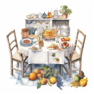 watercolor, hyper realistic, white background, white margins, 16k, ultra detailed clipart, cut out image, hand-drawn a kitchen table with various items on it, in the style of angela barrett,
