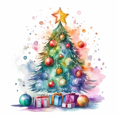 watercolor christmas tree with baubles and gifts, bright tree lights, vibrant colors, add glitter, clipart image, on a white background