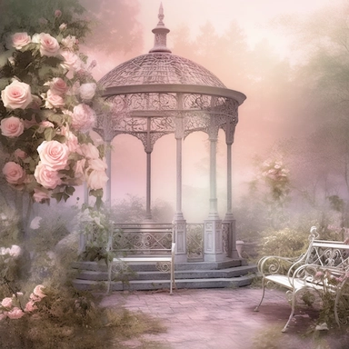 panoramic view, full view, fantasy rose evening garden with antique wrought iron bench and gazebo, soft colors of pink, green and gold colors, romantic, fantasy, clipart style, shabby chic, ethereal, transparent background, (--iw 8)