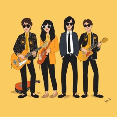 a set of clipart inspired by fledging American rock band at a Swiss boarding school as conceived by Wes Anderson and rich kids at an exclusive school playing rock music