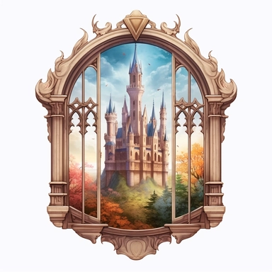 Beautiful Castle Window Sublimation Clipart ,Cartoon,hyper realistic, intricate detail, illustration style,high solution,on the white background