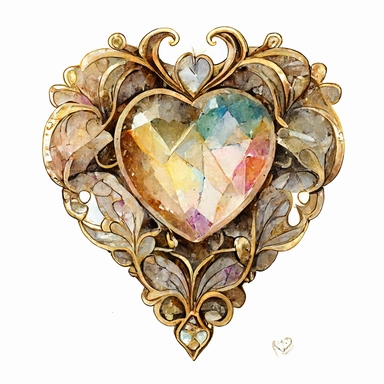 Gold Jewel Brooch with big clear diamond faceted heart shaped Gemstone, watercolour painting, detailed, intricate, white background, clipart