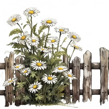 chamomile plant, against a old wood rail fence , clipart, vintage, edith holden style, hyper hd--q2--v5.1