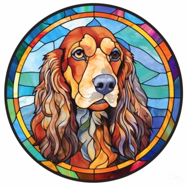 Stained Glass cocker spaniel Sublimation Clipart, Stained Glass cocker spaniel Portrait, Mandala background Stained Glass, Colorful Stained Glass, Suncatcher, Rainbow style of Stained glass, Colorful Stained Glass, Cricle Stained Glass, on white background, by Stained Glass