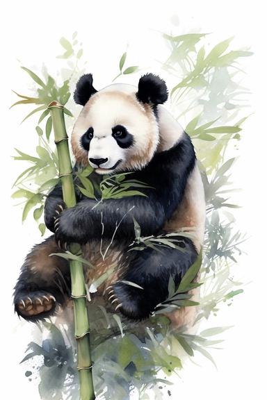 Watercolor panda and bamboo, nature, very vivid colors, highly detailed drawing, white background, clipart, colorful, highly detailed, HD