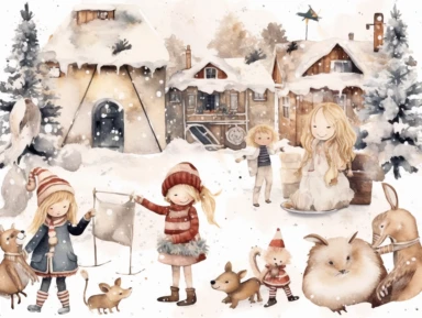 christmas watercolor clipart kids playing in snow, in the style of kitsch aesthetic, murals and wall drawings, dark white and dark beige, depictions of animals, domestic interiors, cut and paste, cottagepunk