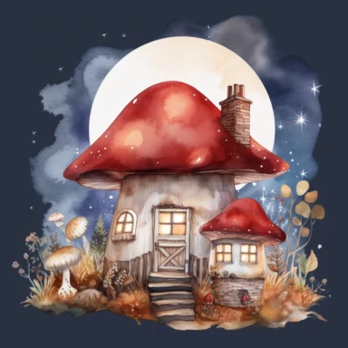 magical chubby mushroom house with lit lamps, under moon light, in styel of watercolor clipart, dominant red, white background, emtremely detailed, 4k
