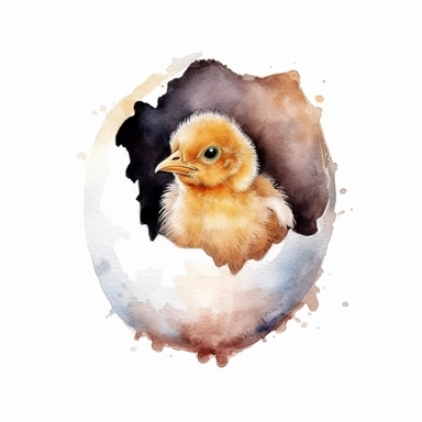 realistic waterolor small chick hatch from the egg, step out from the cracked egg shell, solid white background, clipart