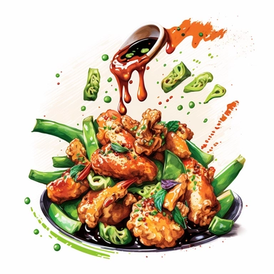Chinese food, General Tso's Chicken, sizzling chicken pieces and a norange sauce being tossed around with green onions and chili peppers, neutral background for the image, clipart, watercolour style