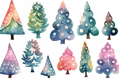 cute christmas trees vector illustration art and vector clipart set, in the style of soft watercolors, whimsical and imaginative, cranberrycore, rtx on, layered textures, shapes, chinese watercolor, opulent ornaments