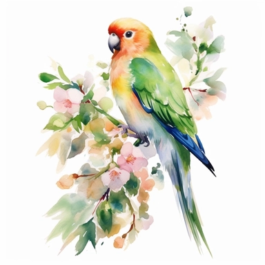 peach-faced lovebird,FLOWERS, watercolor painting by JOHN SINGER SARGENT, clipart, white background