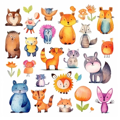 Create a clip art whimsical atmosphere in your children's book illustrations by drawing cute animals with a watercolor effect and playful patterns on a vibrant background. Add imaginative creatures and fantastical elements to the pages to bring your whimsical world to life and captivate young readers of all ages, isolated in white background.