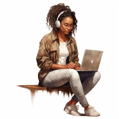 watercolor gorgeous black woman clipart, woman studying with a laptop open, typing away or focused on the screen, dark brown skinned, melanin, white background, detailed features, different pose, 32k, full body, side pose, teen, highly detailed