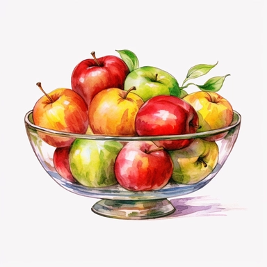 Watercolor a bowl of apple in a glass dish Clipart ,high quality, highly detailed, watercolor , hand-drawn animation , vibrant color, bright colors, romantic, , watercolor,