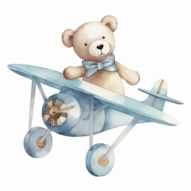 adorable light blue teddy bear flying an aeroplane, hand painted, watercolor, clipart, white background