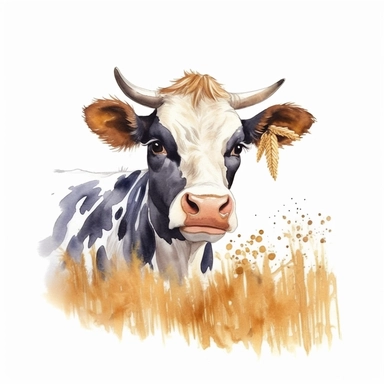 Painted illustration of cow with spikelets of millet in her mouth, clip art, digital art, HD, white background, watercolor, white liner, no paint drip