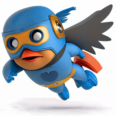 funny cute little bluebird robot superhero flying to save the day meme clipart semi realistic comic style