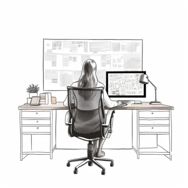 Scandinavian woman in a chair in front of a minimalist office desk with a monitor on it, flowcharts on wall, back view, clipart, isolated on white