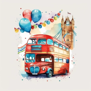 a pixar cartoon red double decker bus with rounded edges driving past perspective view of tower bridge red blue gold balloons an buntings Etsy watercolor clipart svg white background