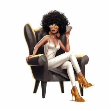 illustration Beautiful Black woman Magic Melanin Black Woman, Afro Fashion woman African American, wearing jewelry, designer, designer high heels, wearing queen crown sitting on the queen throne, clipart,white background