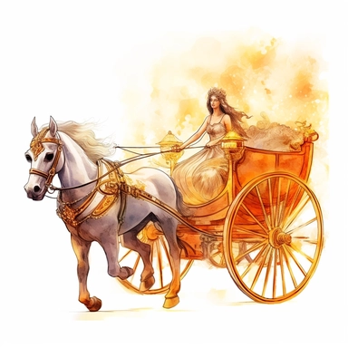 Fantasy style ancient roman chariot and Aurora Goddess with watercolor effect,Celestial Vehicle,Celestial Horses,Saffron coloured cloak,ancient roman fashion,ancient scene,suitable for digital clipart,white background,Unrealistic Effect