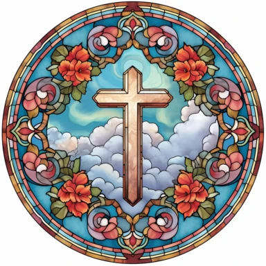 stained glass cross surrounded with flowers, clouds and an image of a cross, in the style of flat, limited shading, windows xp, larry elmore, light cyan and red, naïve drawing, quadratura, tachist, clipart, circular shape,