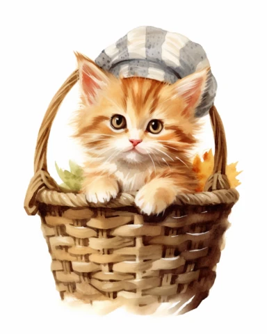 detailed watercolor Kitten in basket with cap , realistic, isolated on a white background, clipart