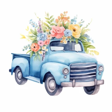cute blue pick up truck loaded with flowers watercolor clipart