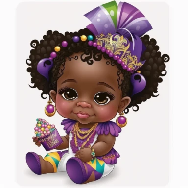 black African American baby girl Mardi Gras happy cartoon white background clip art