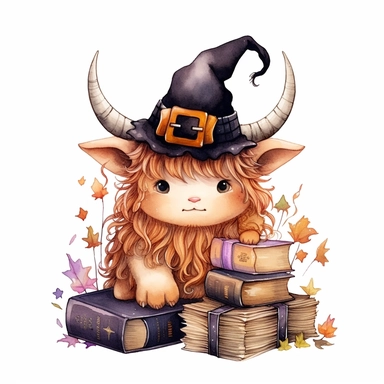 Halloween, cute little kawaii highland cow wearing witch hat, sitting near old magic books, isolated on a white background watercolor, unique, intricate detail , style by Lucy Fleming, watercolor, smooth gradients, black contour outline, ultra detailed, clipart elements, delicate pastel colors, solid white background, super clear, high quality