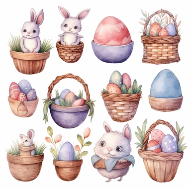 Watercolor easter eggs, illustrations clipart set, simple, soft colors, cartoon elements, different variants, easter elements, cute little boy, easter eggs in basket, separate elements with a margin