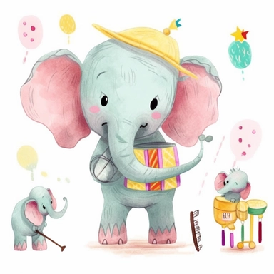 Cute plush toy elephant playing accordion watercolor pencil clipart for decorating baby nursery, painting, drawling, children’s illustration, folk art, whimsical, cartoon, caricature, bright varied pastels