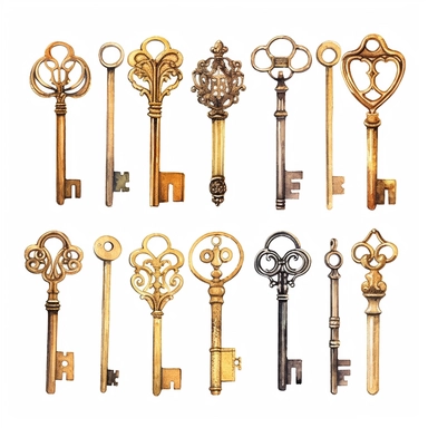 assorted gold keys inspired by Harry Potter watercolor illustration, design elements isolated on white background, vintage clip art - Image #4 <@1098423716465102849> - <@1098423716465102849> (31%) (relaxed)