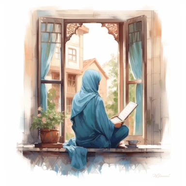 back view of a beautiful Hijabi girl wearing a baby blue hijab, reading a book that covers her face while is sitting in her moroccan house and a window is open, no face is showing, clipart illustration, digital illustration style, very detailed,