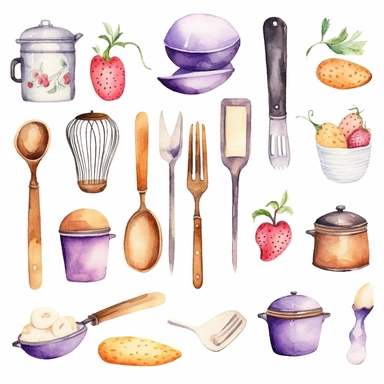 Watercolor kitchen utensils clipart for bakery decoration white background