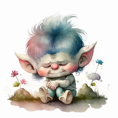 a watercolor clip art character illustration that combines the innocent and angelic expression of Precious Moments with the mischievous and magical attributes of Trolls, comforting another troll character who is feeling sad or down, demonstrating empathy and compassion., white background.
