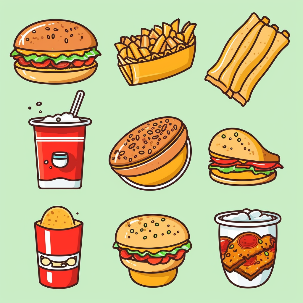 Design a clipart set that depicts various savory food items such as ...