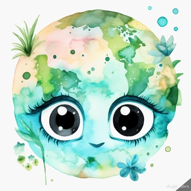 Clipart of a mystical watercolored landscape of planet Earth. Round image with cute kawaii cartoon eyes on a white background