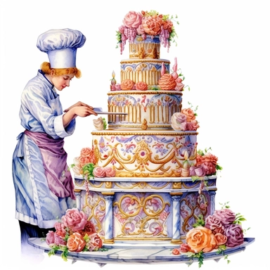 watercolor, hyper realistic, white background, white margins, 16k, ultra detailed clipart, cut out image, hand-drawn a Victorian baker decorating an elaborate cake with intricate designs and piping techniques, surrounded by an array of decorative elements like sugar flowers and ribbons.