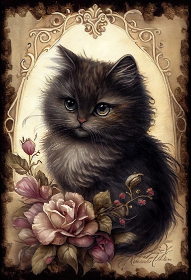 an adorable victorian cat by [Rebecca Latham + Sarah Stribbling + sumi-e + nicoletta ceccoli], Easter theme, epic scene, dark dark academia watercolor vintage CLIPART, illustration, hyper realistic, intricate detail clipart, watercolor, painterly, Jean-Baptiste Monge, drawing on top of old grunge beautiful scrapbooking background paper, old paper texture, decoupage printable digital background, distressed borders, vintage borders, grunge borders, shabby borders
