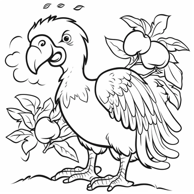 Draw a clipart image of a Dodo bird (Dronte) who only eats fruits and cannot fly. The background should be a simple outline of a tropical forest with trees and fruits. Simple outlines, bold lines, black ink on white background, cartoon, make sure to leave some space for children to color. Black and white.