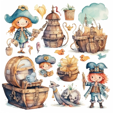 Watercolor pirates cute illustrations clipart set, simple, soft colors, cartoon elements, different variants, cute little pirate boy and girl pirate ship, pirate treasure chest, daggers, swords, pirate glag, skulls, billybones,, wooden elements, loot,, separate elements with a margin