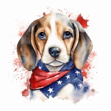 watercolor clipart illustration of a beagle wearing a bandana, red white and blue, hand painted details, clean and simple designs, solid background color, spaced out