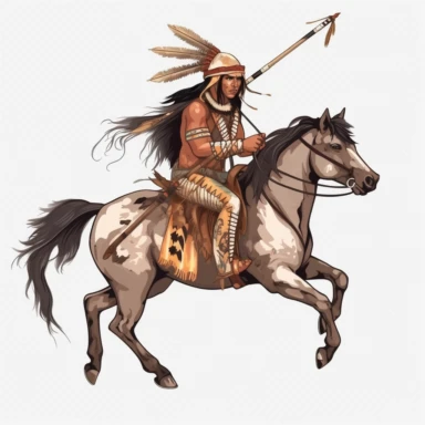 white background. clipart, Native American warrior on horseback with a feather headdress and a bow.